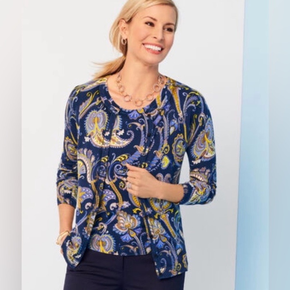 Talbots Charming Cardigan – Blue & Yellow Paisley – Size XL
